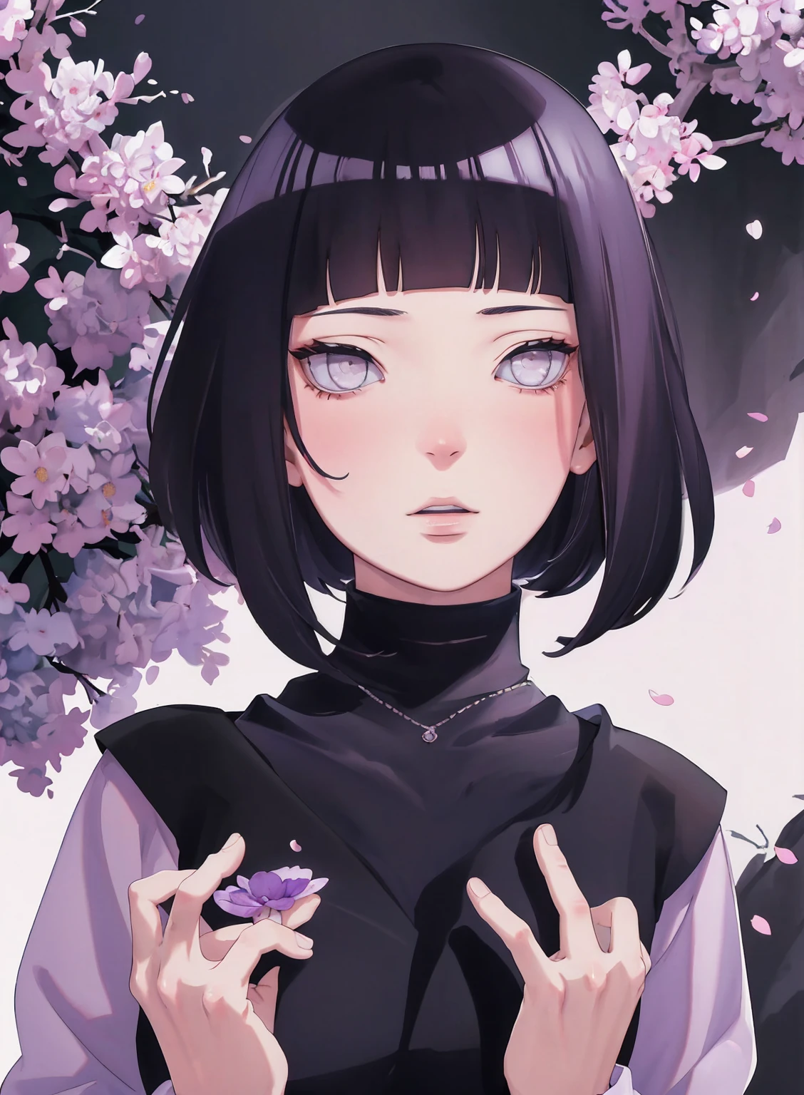 { - anatomy error} (Masterpiece - Ultra-detailed, very high resolution) (huge titusty, masterpiece, absurdres, hinata\(boruto\), 1girl, solo,mature female, lilac turtleneck blouse, black pant, looking at viewelling petals), perfect composition, detailed lips, big breast, beautiful face, body propotion, blush, (pink lips), short hair, (black hair), purple eyes, soft gaze, super realistic, detailed, photoshoot, realistic face and body, closed mouth , lilac eyes, upper body, hidden hands, perfect fingers, inocent face, portrait, , backwards, looking back, dynamic poses