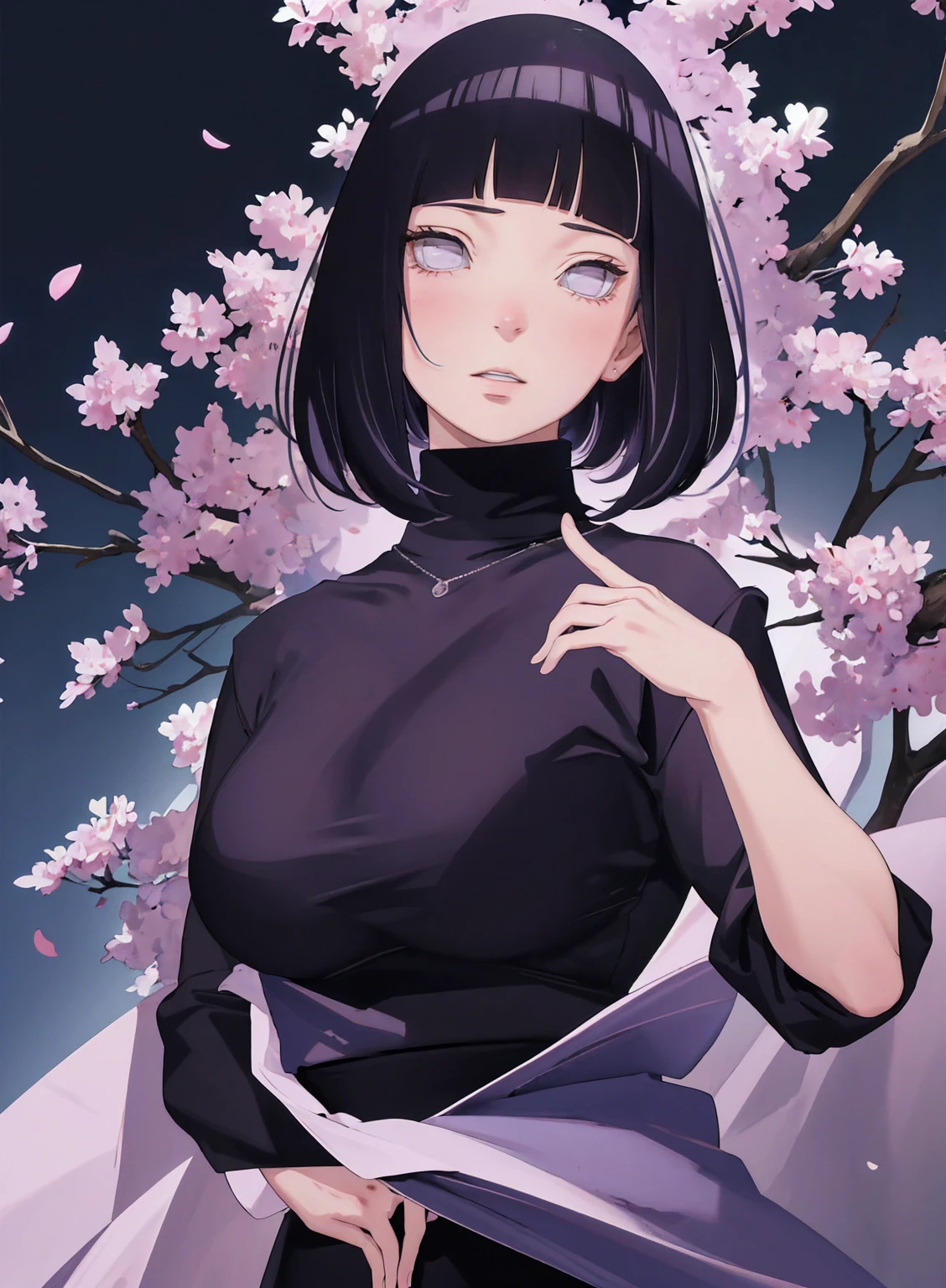 { - anatomy error} (Masterpiece - Ultra-detailed, very high resolution) (huge titusty, masterpiece, absurdres, hinata\(boruto\), 1girl, solo,mature female, lilac turtleneck blouse, black pant, looking at viewelling petals), perfect composition, detailed lips, big breast, beautiful face, body propotion, blush, (pink lips), short hair, (black hair), purple eyes, soft gaze, super realistic, detailed, photoshoot, realistic face and body, closed mouth , lilac eyes, upper body, hidden hands, perfect fingers, inocent face, portrait, , backwards, looking back, dynamic poses