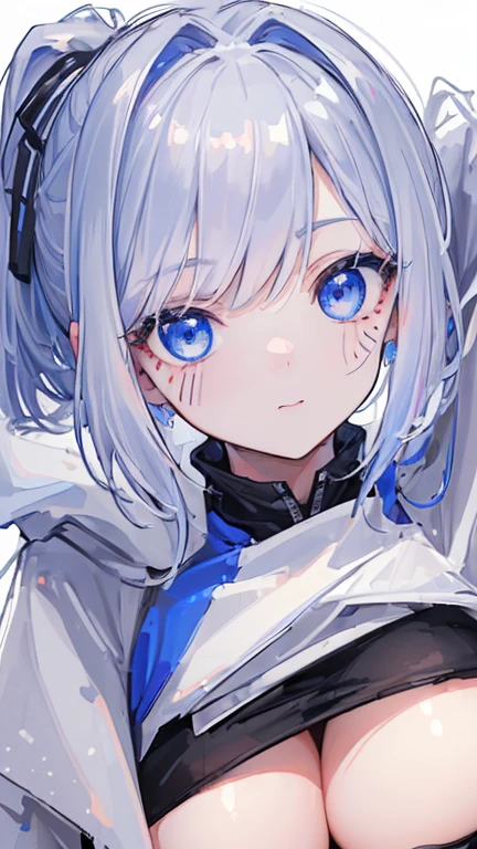 ((highest quality、High resolution、ultra detailed face, 8K、masterpiece:1.8))、dynamic angle、full body view 、wallpaper、1 girl、unparalleled beauty、ultimate beauty、super detailed face、delicate eyes、blue eyes, loving smile、sexy look、shirtlift tease, looking at the camera、Depth of bounds written、light particles、side light、ponytail、silver hair、white hoodie、black panties, cute panties, cropped hoodie underboob, Exposed underboob, huge breasts, white stockings, Sneakers、slim、slender、Street park ,