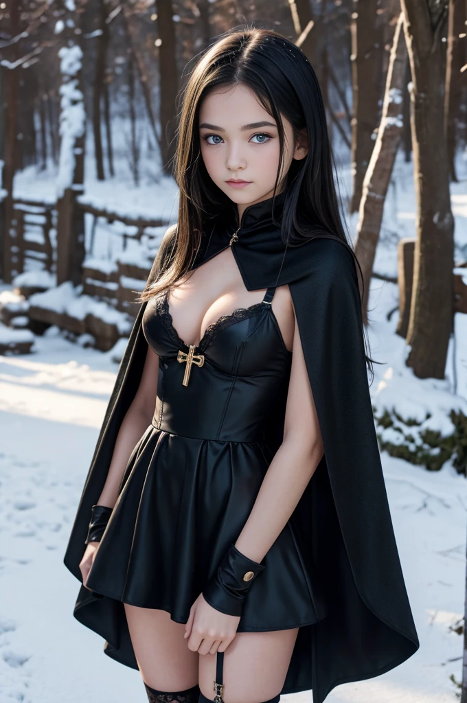 TeEn girl, evil, teenager(1.3),, teen girl, s breats, with black hair and blue eyes, detailed face, angelical face,cleavage, small breasts, dress with cape, desing with christian cross ,background in snow in prussia