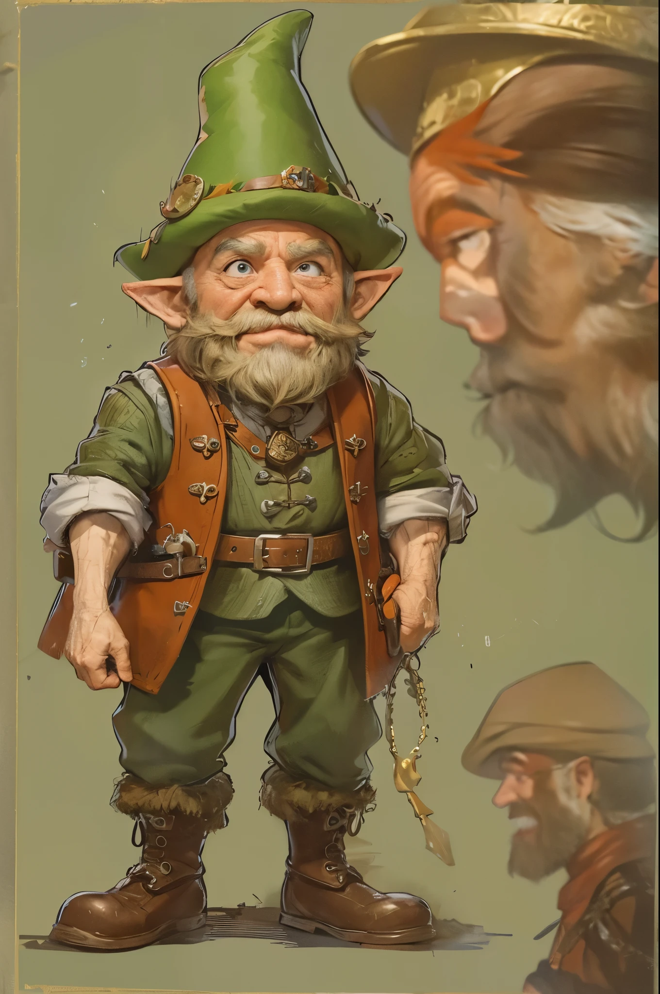 (master piece), 8k, best quality, cartoon, Leprechaun, tiny  man, 1 meter tall, red hair, red beard, old man, wrinkled skin, thick nose, brown eyes and pointed elf ears, which denote his magical nature , green clothing, often accompanied by a red cap, a strange green three-cornered hat, a leather apron, pipe, small old and worn hammer, shoes with buckles complete his characteristic attire.