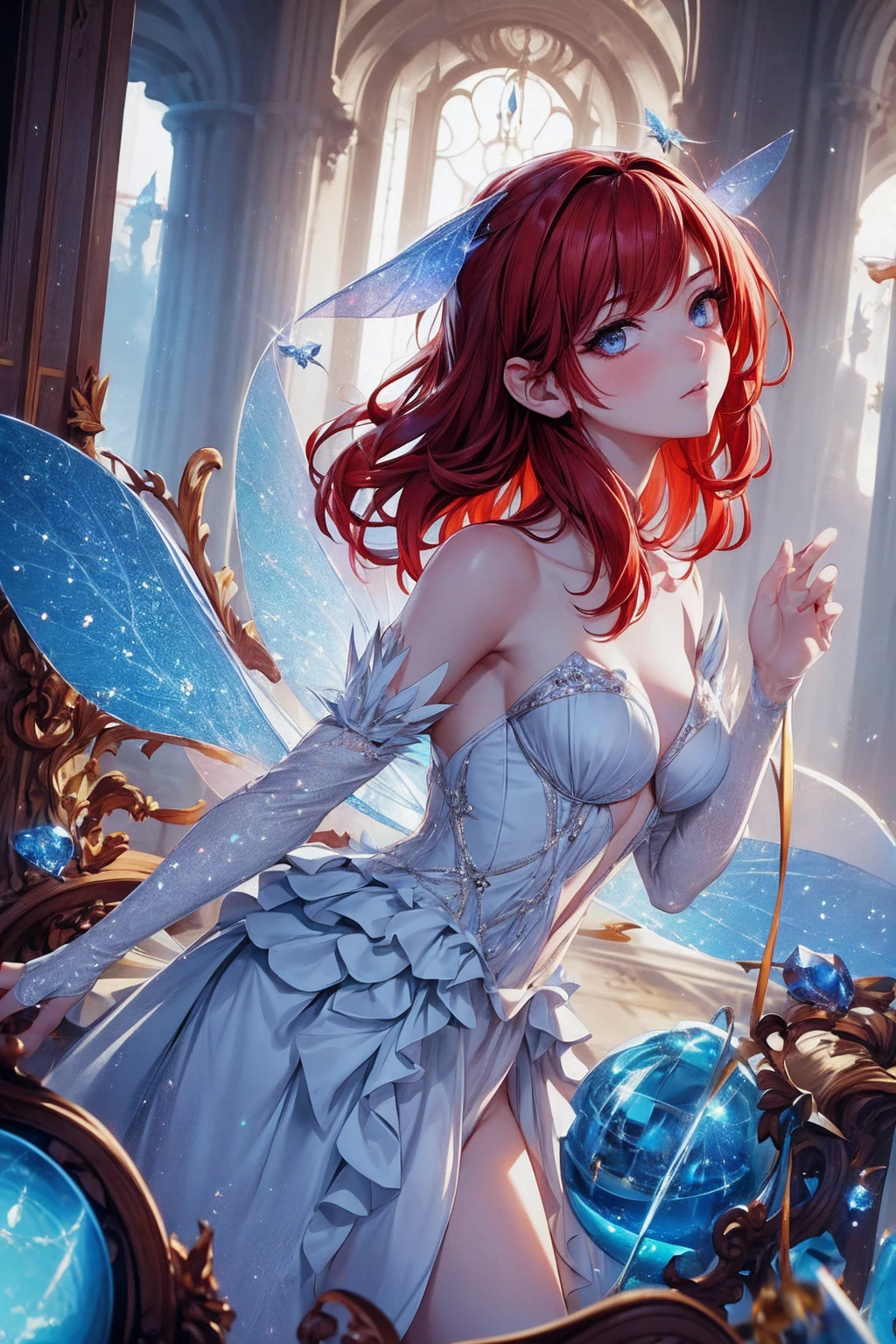 (Absurd, high quality, ultra -compared, careful with the hand) fairy, fairy wings, dreamer body, vivid, romantic and all. Optimistic face, just lies, without entry and intellectual. Reckless style, cold heart, impatient and too confident. Gray eyes, ripe and dark (eyes of the eyes), enchanted fairy (pixie) . Short hair, red hair. In the carnival row illustration, flying. Whole body