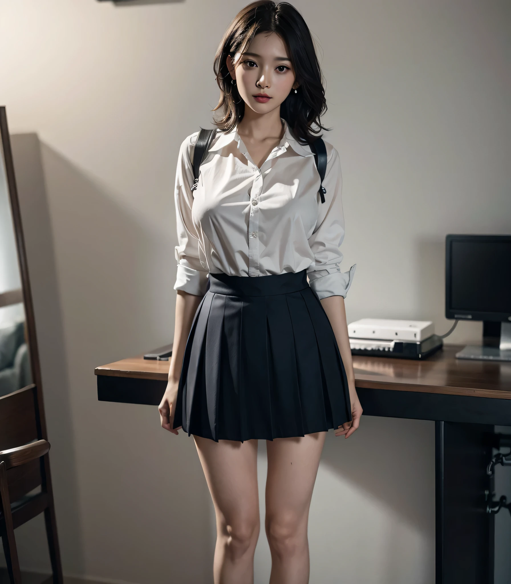 absurdres, RAW photo, extremely delicate and beautiful, masterpiece, Best Quality, ultra high resolution, 32k, hyperrealistic, ultra-detailed, perfect anatomy, perfect figure, super Detailed skin, Very detailed CG 8k wallpaper, in her 20s, very Slim body, narrow waist, very small head, very small face, delicate facial features, tearful mole, earring, thin legs, (very huge round breasts:1.3), (full body shot:1.3), short hair, (wavy hair:1.2), wet clothes, (school uniform:1.3), shirt,