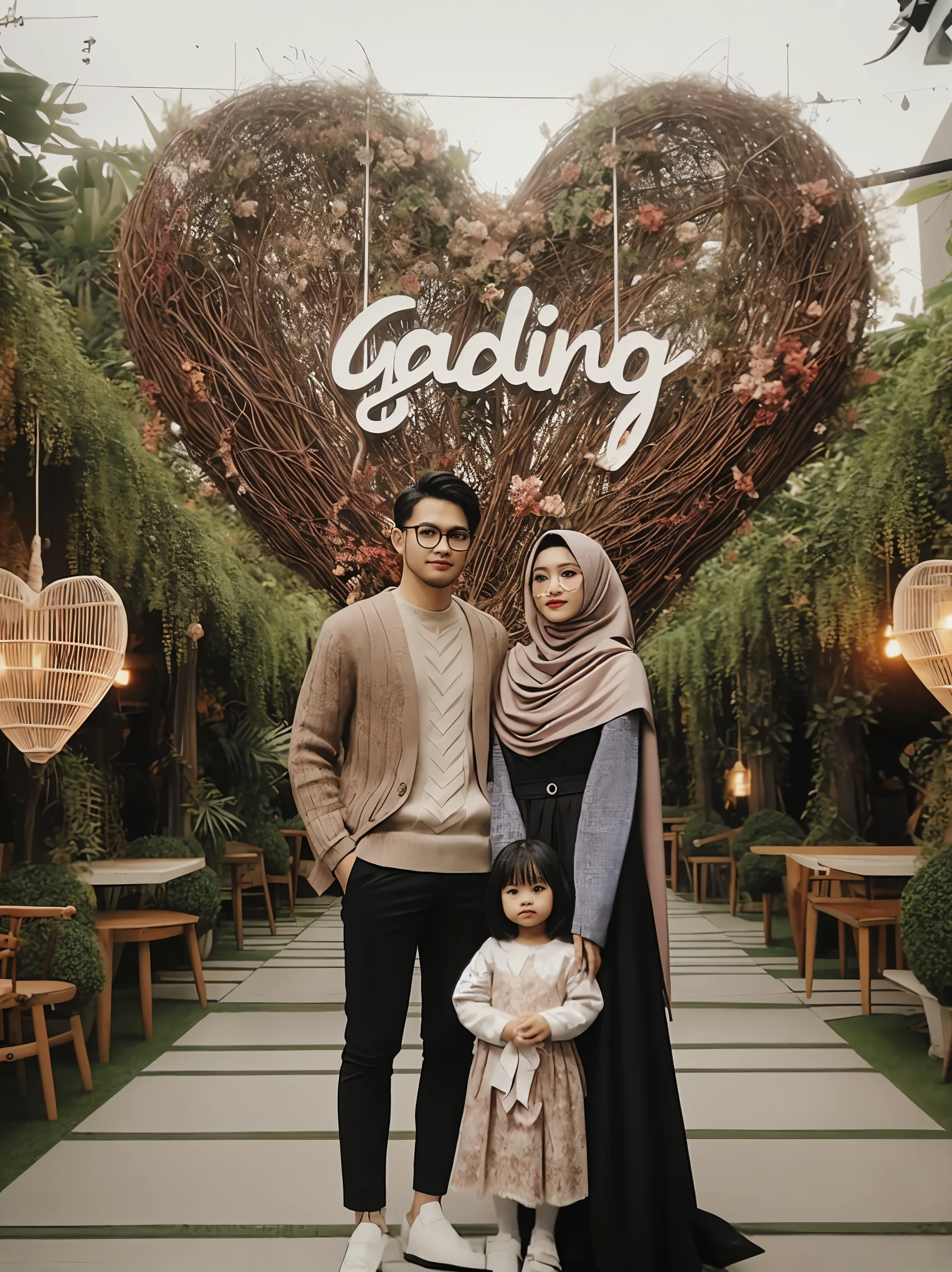 there is a man and woman and a standing in front of a heart, barong family, inspired by Shaddy Safadi, an indonesian family portrait, by Abidin Dino, in garden, trending on pinteresst, gardening, official fanart, barong family member, chilling, inspired by Abidin Dino, inspired by Bernardino Mei, heartwarming