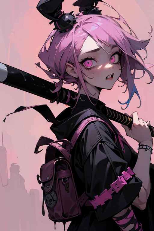 ((18-year-old punk girl,Unusual punk hair:1.3)),((pink and black punk fashion:1.5)),(rabbit stuffed animal:1.5)Studded clothing、((He has a bloody baseball bat in his right hand.:1.5))、((Black backpack on the back))、(bright black and pink hair:1.5),Wacky makeup、full body, (masterpiece), (High resolution), (super delicate), scribble, nightmare, doll-like face, cartoon style, rough sketch, Horror elements, Comic style illustration, Japanese painting, Apparition, (Creepy), Japanese carving, crazy illustration, antique, dark atmosphere, flat illustration,Creepyな外観, Distinctive messy hairstyle, creative accessories, unique atmosphere