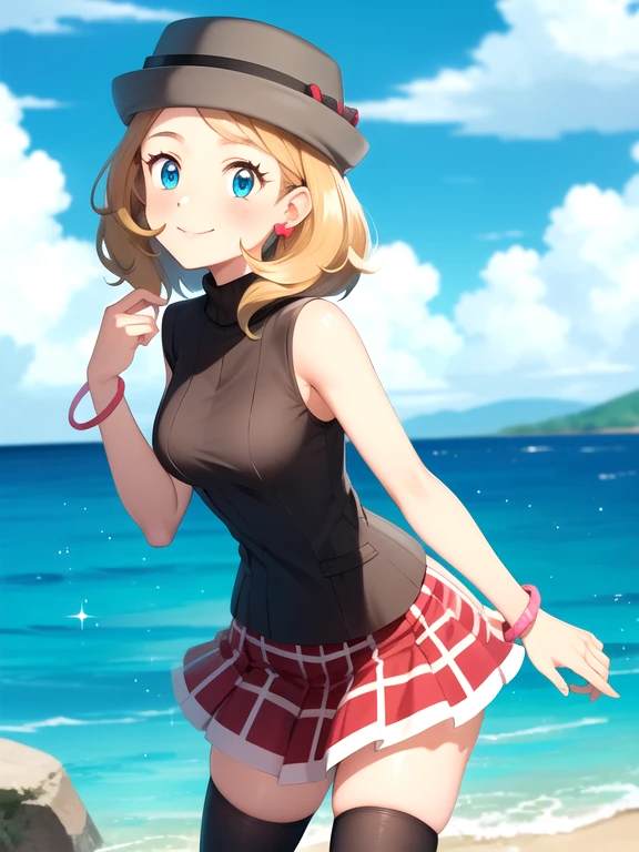 gonzarez, masterpiece, Serenaj, 1girl, grey headwear, solo, jewelry, thighhighs, sleeveless turtleneck, turtleneck, skirt, smile, sweater vest, blonde hair, earrings, hat, blue eyes, sleeveless, closed mouth, eyelashes, vest, blush, bangs, breasts, medium hair, bracelet, looking at viewer, outdoors, black thighhighs, brown thighhighs, sky, day, sparkle, shiny, cloud, pleated skirt, red skirt, brown vest, water, cowboy shot,