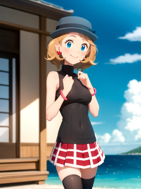 gonzarez, masterpiece, Serenaj, 1girl, grey headwear, solo, jewelry, thighhighs, sleeveless turtleneck, turtleneck, skirt, smile, sweater vest, blonde hair, earrings, hat, blue eyes, sleeveless, closed mouth, eyelashes, vest, blush, bangs, breasts, medium hair, bracelet, looking at viewer, outdoors, black thighhighs, brown thighhighs, sky, day, sparkle, shiny, cloud, pleated skirt, red skirt, brown vest, water, cowboy shot,  