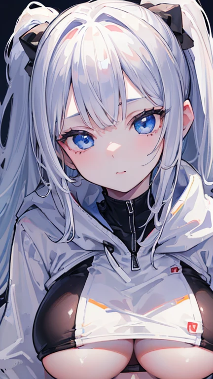 
(NSFW) ((highest quality、High resolution、ultra detailed face, 8K、masterpiece:1.8))、dynamic angle、full body view 、wallpaper、1 girl、unparalleled beauty、ultimate beauty、super detailed face、delicate eyes、blue eyes, seductive smile、sexy look、shirtlift tease, looking at the camera、Depth of bounds written、light particles、side light、ponytail、silver hair、white hoodie、black panties, cute panties, cropped hoodie underboob, Exposed underboob, huge breasts, white stockings, Sneakers、slim、slender、Street park ,