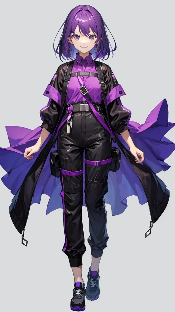 purple hair girl,medium hair,Harness,pants,simple background,smile,Arms down,whole body,full body,full body,arm to the side,Standing picture,vtuber,front,from front,Viewer's perspective,視線をfrontに,