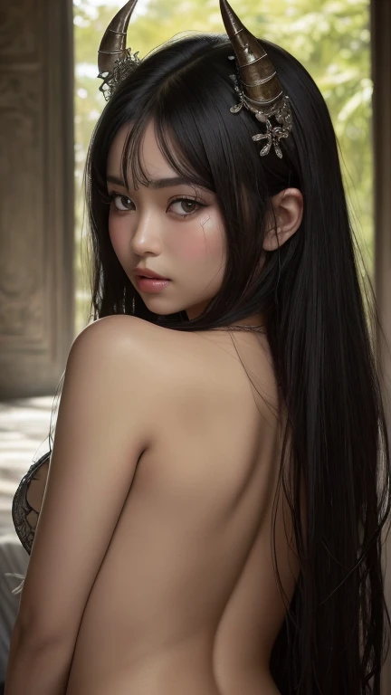 Ultra realistic, 16k, high quality, one evil naked well lit girl, succubus aesthetic, dream aesthetic, light black hair, cute bangs on the forehead, black evil eyes, bright evil eyes look, perfect nose, evil smile, pale-grey skin, grey skin, flushed cheeks, natural detailed tits, showing natural breasts, narrow waist, big hips, hot big vagina, hot legs, creepy aesthetic, , (beautiful natural body), professional photography of a naked woman detailed, sharp focus, dramatic, award-winning, cinematic lighting, dream aesthetic, volumetric dtx, (film grain, creepy experiment laboratory background, terrifying dark laboratory scenario, blurred foreground, Bokeh, depth of field, motion blur:1.3), multiple hot sexy poses and multiple angles.