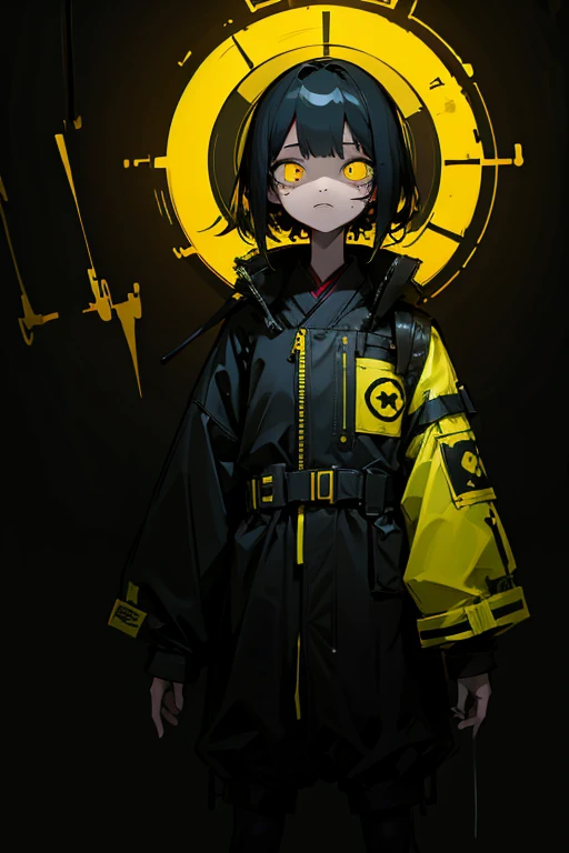 One girl in black and yellow techwear clothes, Circle neon on background,[full body, (masterpiece), (High resolution), (super delicate), scribble, nightmare, doll-like face, cartoon style, rough sketch, Horror elements, Comic style illustration, Japanese painting, (Creepy), Japanese carving, crazy illustration, antique, dark atmosphere, flat illustration,Creepyな外観, Distinctive messy hairstyle, creative accessories, unique atmosphere]
