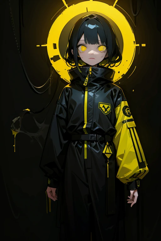 One girl in black and yellow techwear clothes, Circle neon on background,[full body, (masterpiece), (High resolution), (super delicate), scribble, nightmare, doll-like face, cartoon style, rough sketch, Horror elements, Comic style illustration, Japanese painting, (Creepy), Japanese carving, crazy illustration, antique, dark atmosphere, flat illustration,Creepyな外観, Distinctive messy hairstyle, creative accessories, unique atmosphere]
