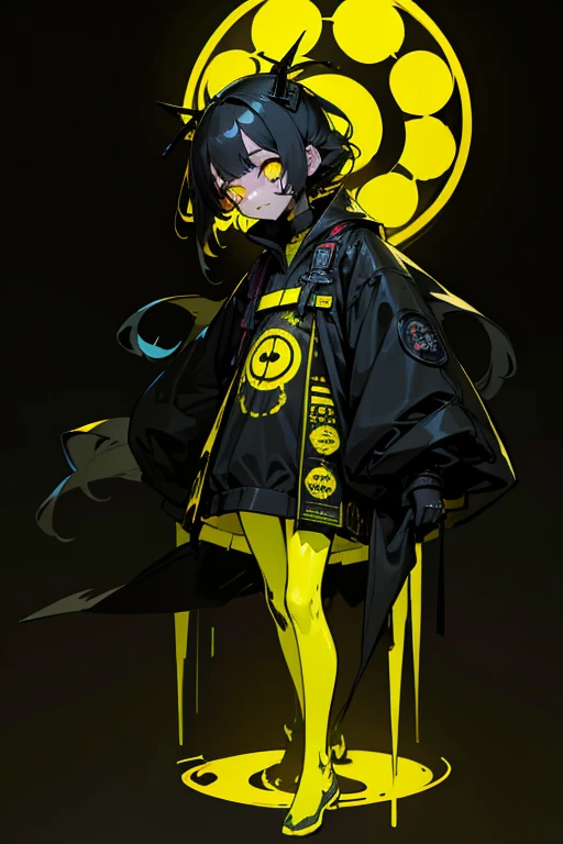 One girl in black and yellow techwear clothes, Circle neon on background,full body, (masterpiece), (High resolution), (super delicate), scribble, nightmare, doll-like face, cartoon style, rough sketch, Horror elements, Comic style illustration, Japanese painting, (Creepy), Japanese carving, crazy illustration, antique, dark atmosphere, flat illustration,Creepyな外観, Distinctive messy hairstyle, creative accessories, unique atmosphere