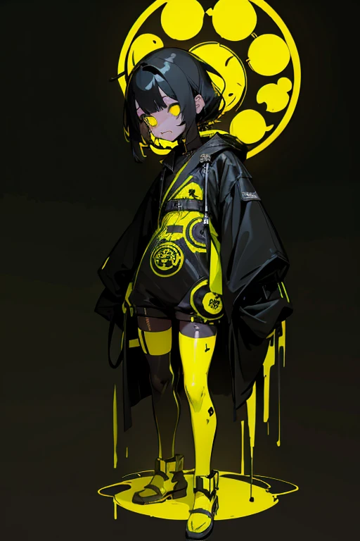 One girl in black and yellow techwear clothes, Circle neon on background,full body, (masterpiece), (High resolution), (super delicate), scribble, nightmare, doll-like face, cartoon style, rough sketch, Horror elements, Comic style illustration, Japanese painting, (Creepy), Japanese carving, crazy illustration, antique, dark atmosphere, flat illustration,Creepyな外観, Distinctive messy hairstyle, creative accessories, unique atmosphere