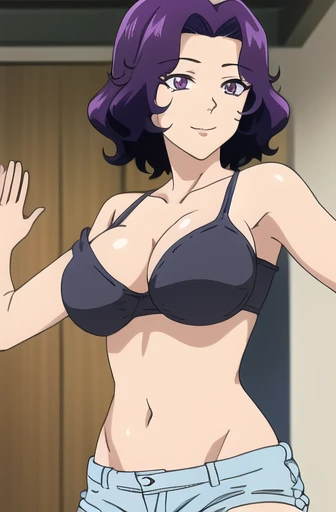 ((best quality)),((highly detailed)),masterpiece,absurdres, detailed face,beautiful face,(detailed eyes, deep eyes),(1girl),((dynamic pose)), Azusa, solo, purple hair, shorts, purple eyes, smile, short hair, shoulder cutout, breasts, looking at viewer, short shorts, bare shoulders, medium breasts, cowboy shot, large breasts, hair intakes, blue shorts, mole under eye, door, collarbone, denim shorts, striped, indoors, casual, standing, no shirt, off the shoulder, microbikini, breastsout, show more skin