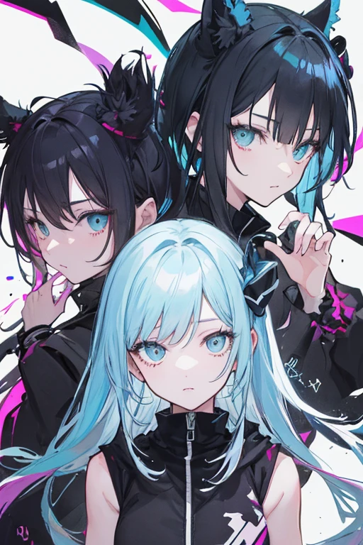 Generate a series of cute girl drawings, and drawings representing graffiti-style anime themes, combining elements such as jujutsu kaisen. Use a neon color palette to convey a sense of technology. Make 4 variations