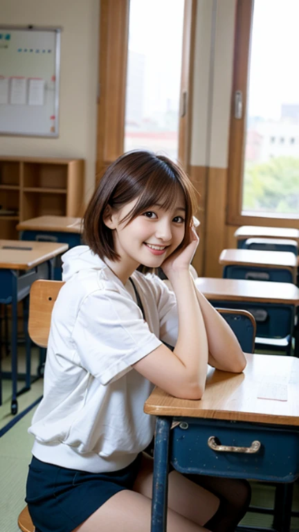 8K、best image quality、masterpiece、summer、Japanese high school girl meets her friends in the classroom。she speaks happily、short hair、silk underwear、fine eyes、close up of face、profile