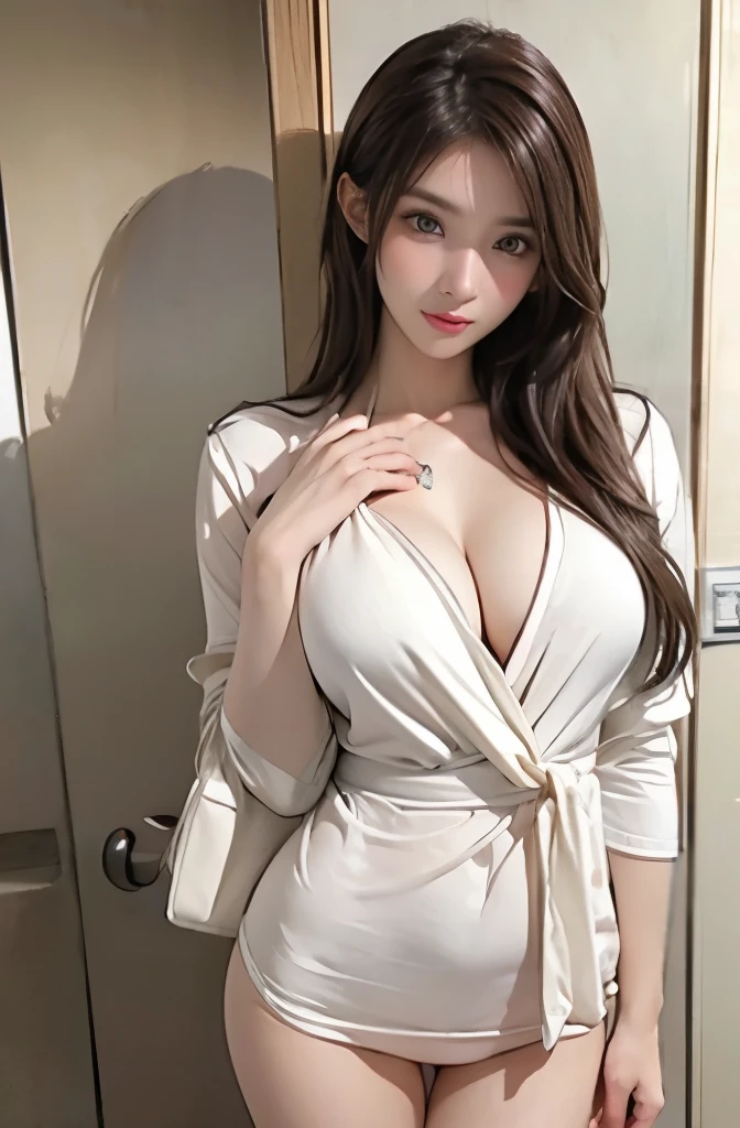 1 girl、A cute girl is wearing an oversized shirt and looking at me、black long hair、Idol level cuteness、Slender but big breasts、cleavage、white dress shirt、he shirt、Pink striped panties、cowboy shot、anatomically correct、precise fingers、exact limbasterpiece、photorealism、