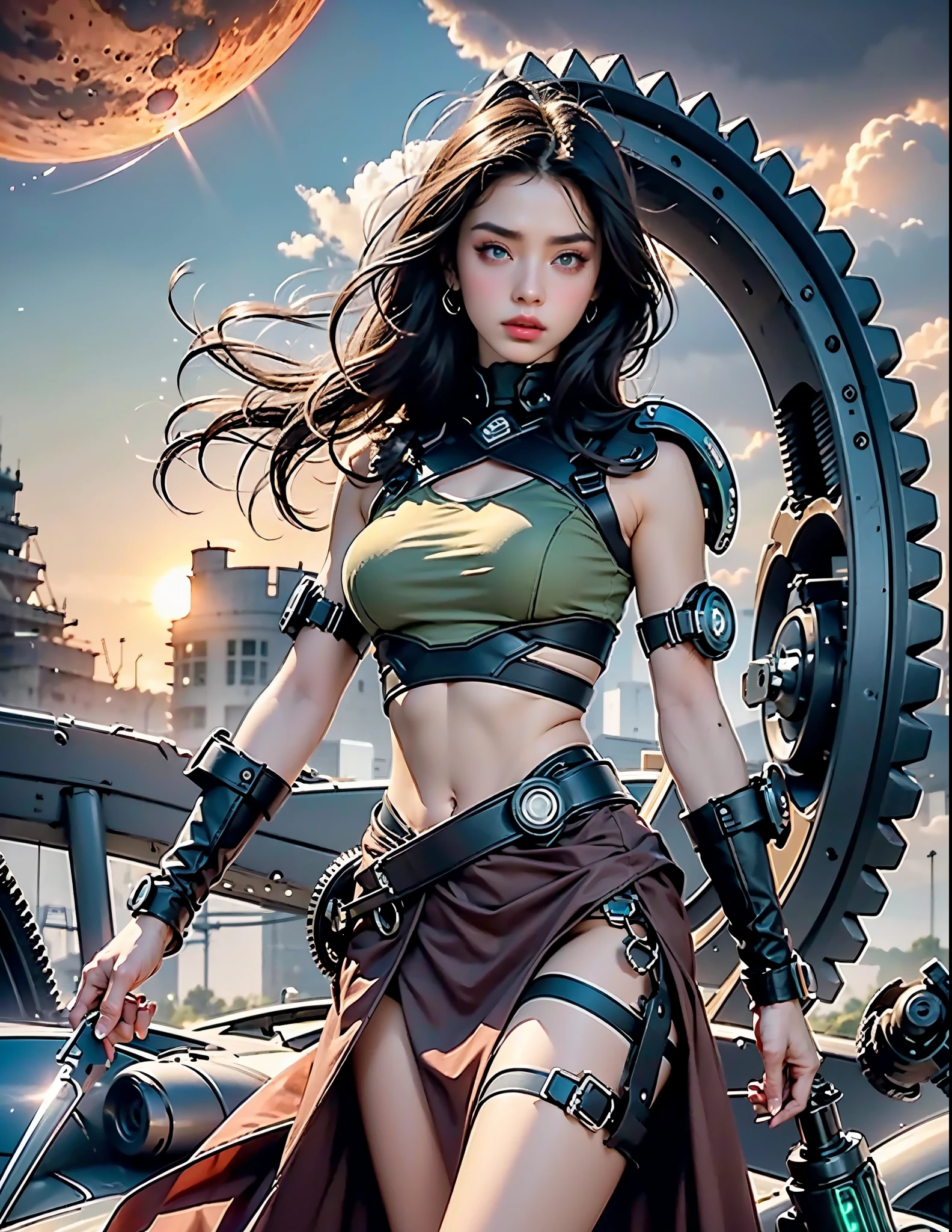 perfect female shape，dark hair, green eyes, High Dynamic Range，long eyelashes，Unbeatable masterpiece，tan skin，putting makeup on，Sexy goddess，crop top, pink skirt, large techno sword, Large mechanical gears，The setting sun burns the clouds，8K high quality，Sexy goddess，A pair of big eyes are beautiful and moving，Makeup，Sexy outfit，【Background with】Large gears，Blue light comes out，Large gears，Doomsday ruins，Giant tornado，Strange sky，The setting sun burns the clouds, orbiting planets，Jupiter，Mercury，Strange sky，Giant tornado 