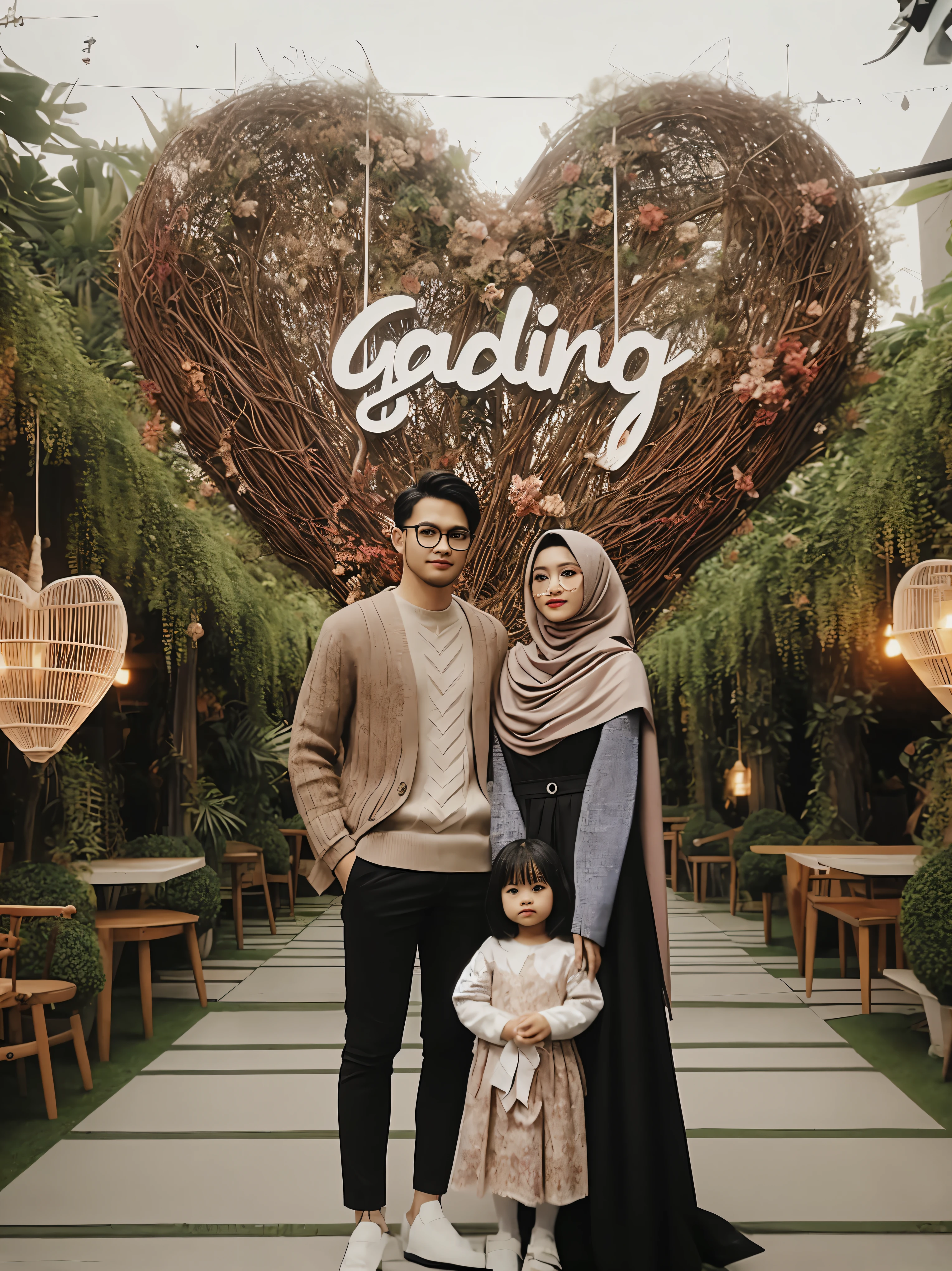 there is a man and woman and a  standing in front of a heart, barong family, inspired by Shaddy Safadi, an indonesian family portrait, by Abidin Dino, in garden, trending on pinteresst, gardening, official fanart, barong family member, chilling, inspired by Abidin Dino, inspired by Bernardino Mei, heartwarming