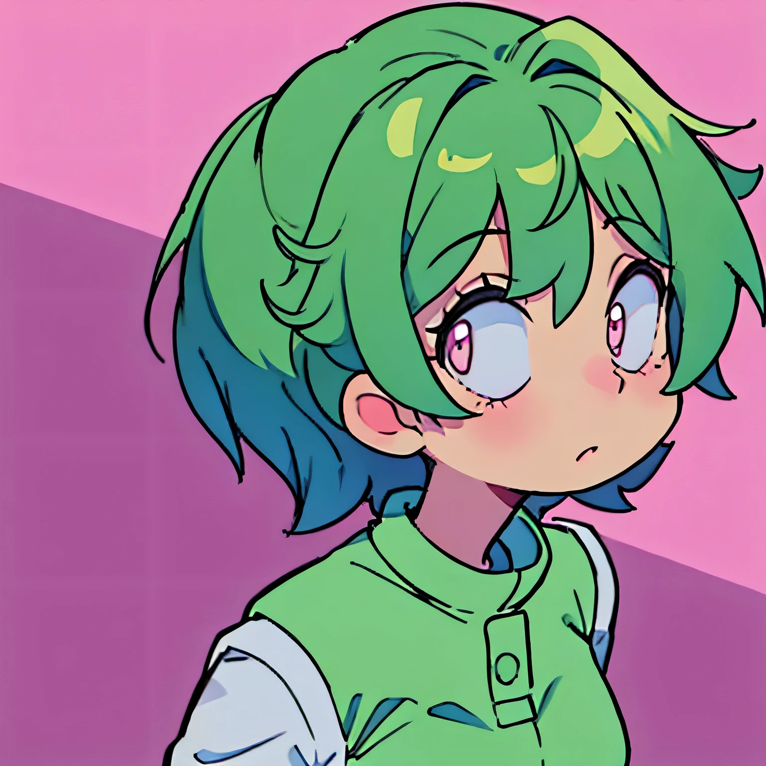 one cute anime girl short green hair and pink eyes looking left surprised looking face no background