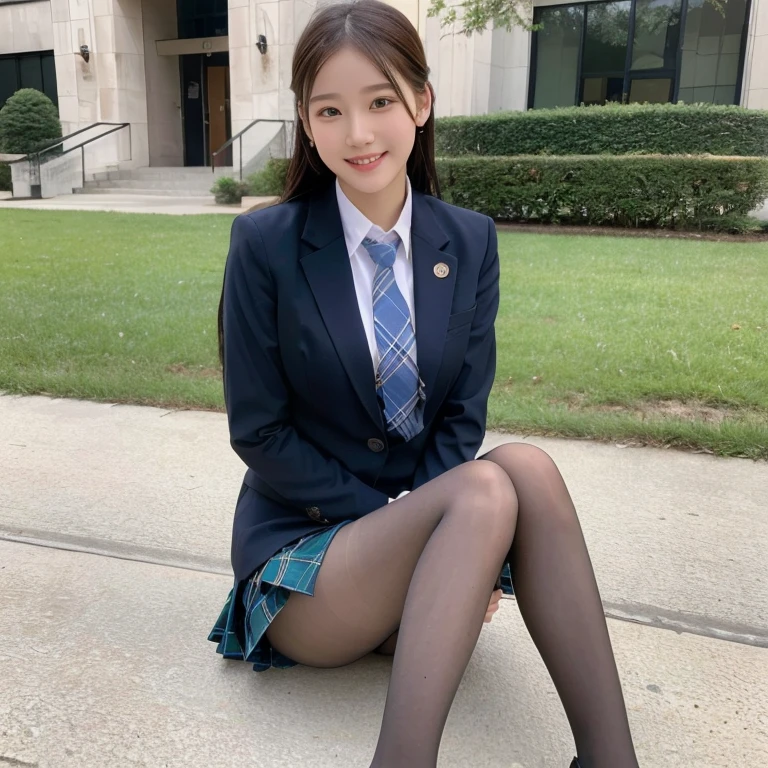 (8K), (highest quality: 1.2), (realistic), (realistic: 1.37), ultra high resolution, (1 girl), cute, smile, closed mouth, beautiful details, beautiful nose, wet hair, giant dulcefo, pork, thighs,self snap,University Student Uniform,simple blazer,pleated skirt,(The pattern of the skirt and tie is a tartan check pattern...:1.3),(sitting:1), sit on the ground,(hugging own legs:1),opaque tights,from the front