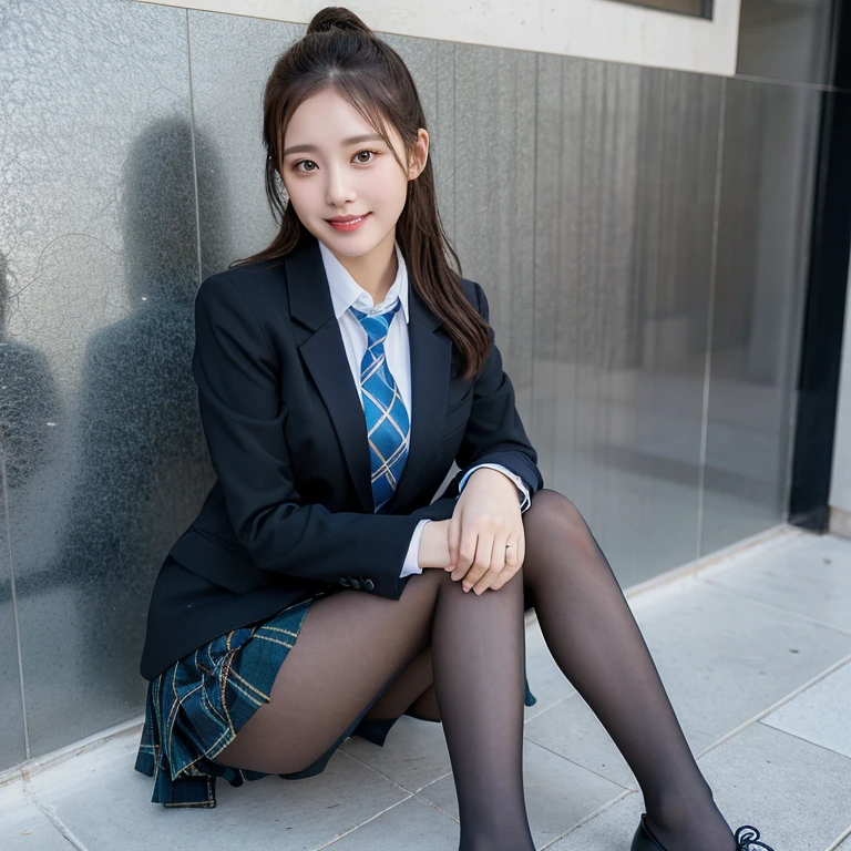 (8K), (highest quality: 1.2), (realistic), (realistic: 1.37), ultra high resolution, (1 girl), cute, smile, closed mouth, beautiful details, beautiful nose, wet hair, giant dulcefo, pork, thighs,self snap,University Student Uniform,simple blazer,pleated skirt,(The pattern of the skirt and tie is a tartan check pattern...:1.3),(sitting:1), sit on the ground,(hugging own legs:1),opaque tights,from the front