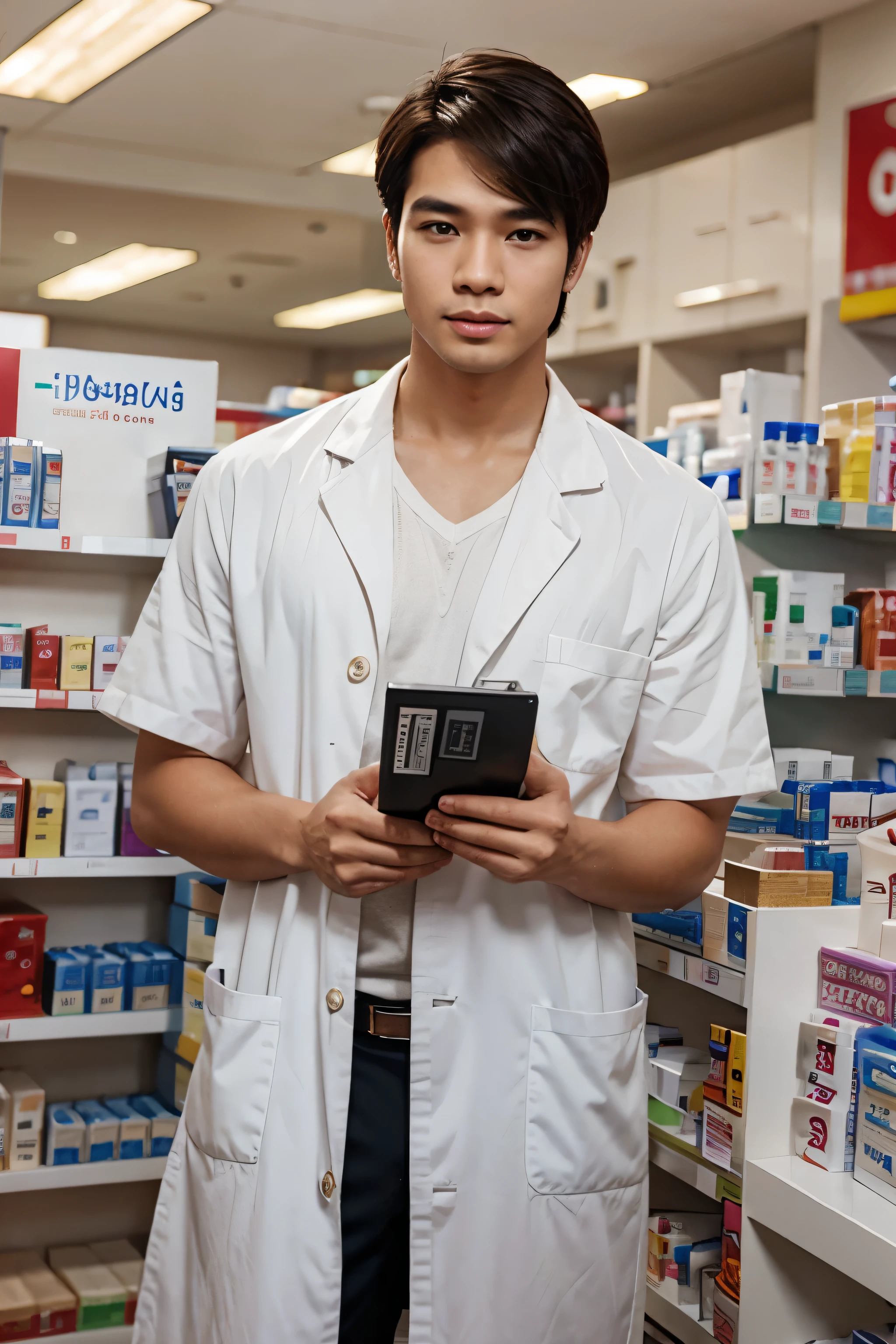 handsome pharmacist asain thai bigboy modern big drug store short hair