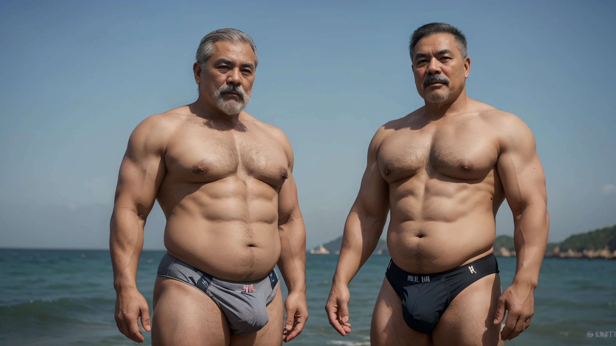 2 Vietnamese grandfathers with gray hair, mature face, a thick mustache, a short chin beard, bear body, wearing a massive bulging gray jockstraps standing at the sea, have belly, big muscular chest, a sexy pose.