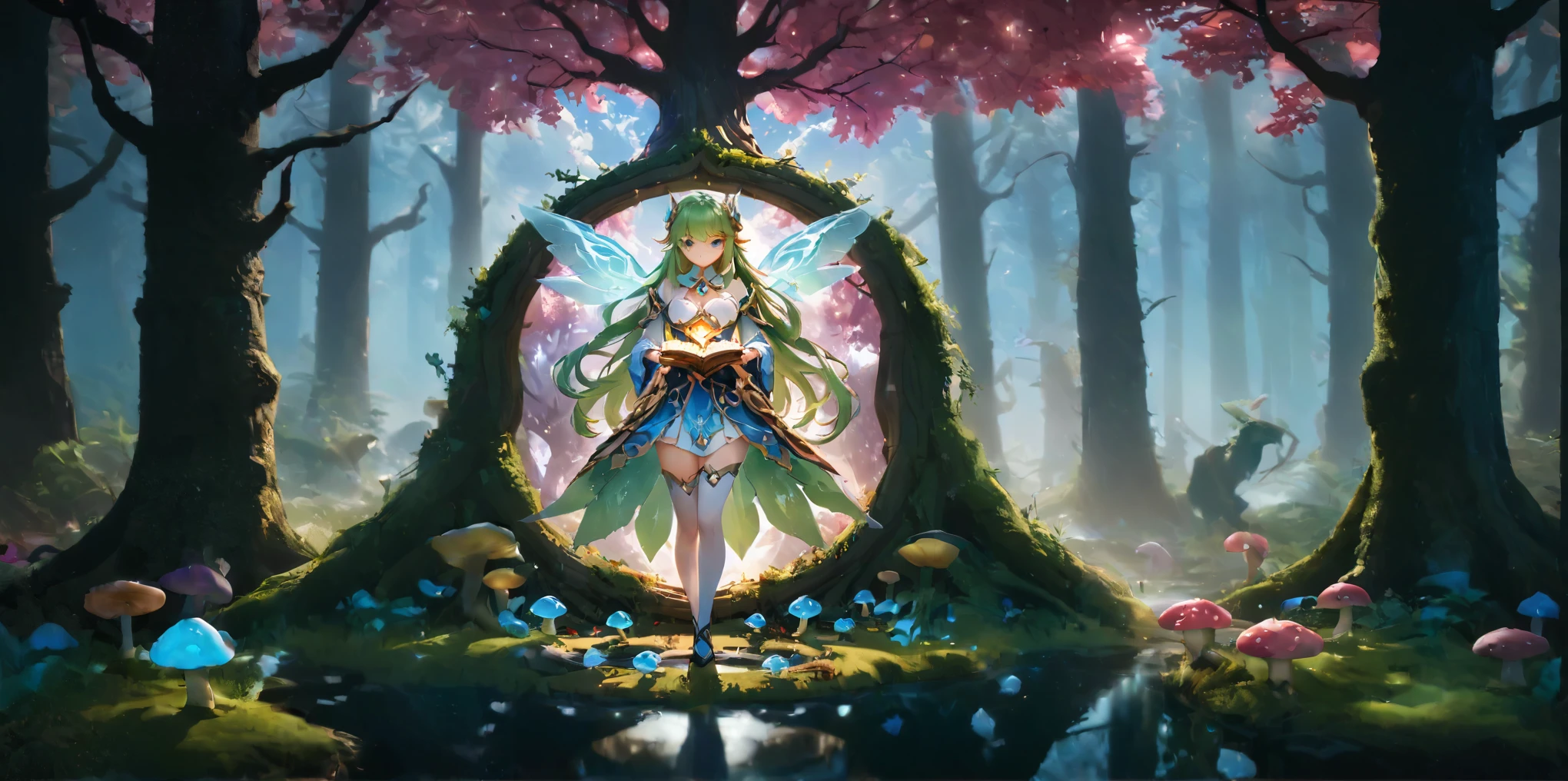 diy13,In a Genshin Impact inspired dreamworld, a character with transparent wings, standing quietly in a mysterious forest of light and shadow, holding a shimmering magic book, surrounded by bright fluorescence creatures, from goblins to glowing mushrooms, to hidden leaf sprites, imbued with ancient magic and a sense of old-world sorrow, curiously shaped trees as if sculpted by time and magic, a perfect blend of reality and fantasy, creating a mysterious yet enchanting scenery, detailed character design, detailed environment design, atmospheric mood, dramatic lighting, masterpiece quality, 4k.