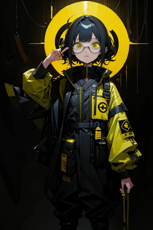 One girl in black and yellow techwear clothes, Machine God、heaven、Small glasses,[full body, (masterpiece), (High resolution), (super delicate), scribble, nightmare, doll-like face, cartoon style, rough sketch, Horror elements, Comic style illustration, Japanese painting, (Creepy), Japanese carving, crazy illustration, antique, dark atmosphere, flat illustration,Creepyな外観, Distinctive messy hairstyle, creative accessories, unique atmosphere]
