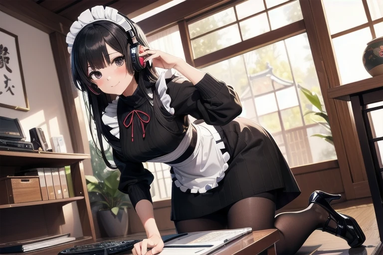 1girl, anime, black eyes, long black hair with square bangs, very long black hair, super long black hair, skirt and stockings, heels, black Japanese style kimono mixed with ribbed black sweater with red accents and sakura floral design, ((ribbed black sweater)) adult, (Japanese shrine/temple background), gamer, (((gamergirl))), (((office lady))), kimono sleeves, garter, graceful, (((maid uniform design))), broom, sweeping, cleaning, bucket of water, cinderella story, happy, feather duster, headphones, (sakura floral design)