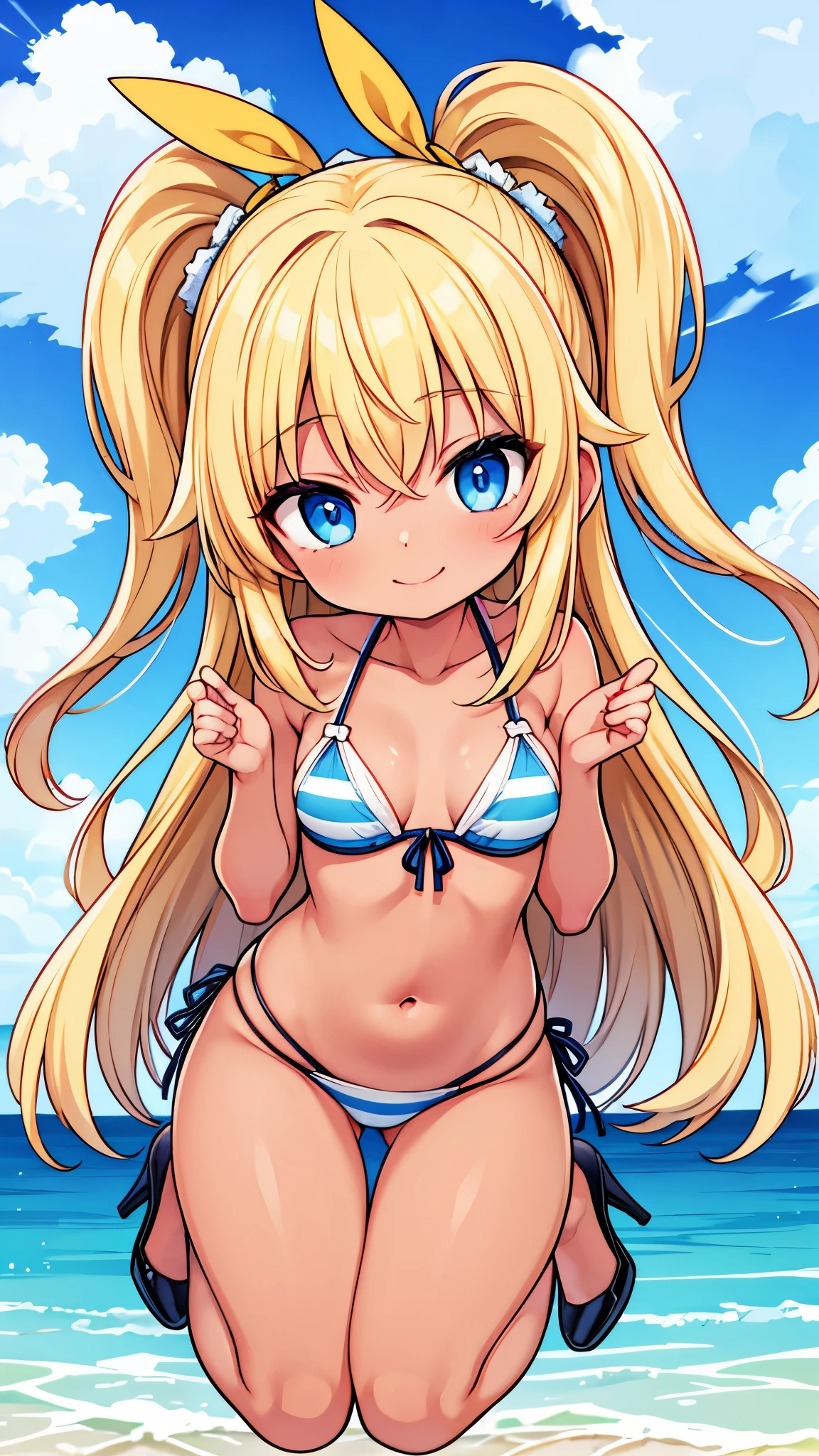 Blonde, blue eyes, tanned skin, smile, high heels and bikini gal girl, masterpiece, best quality