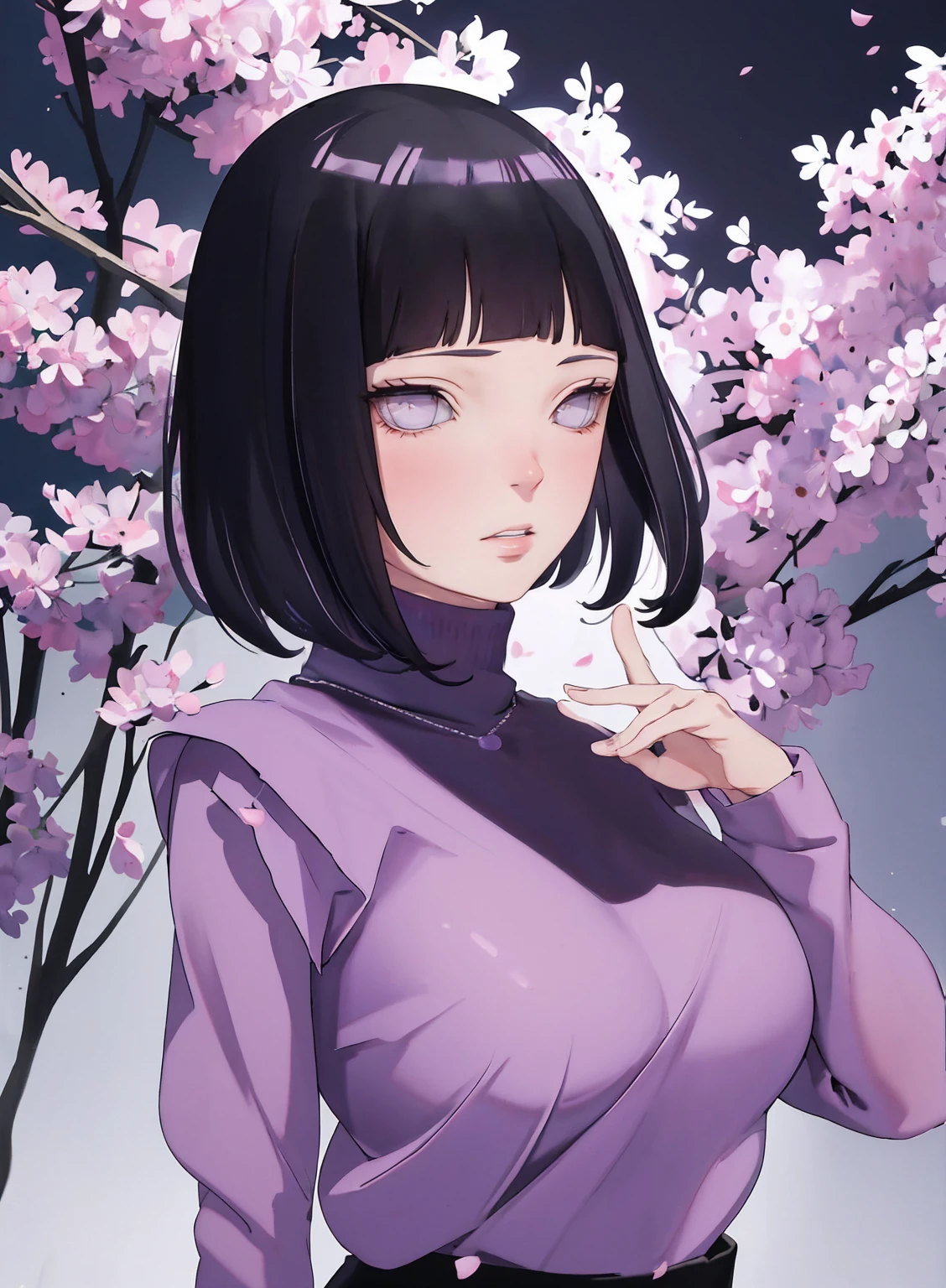 { - anatomy error} (Masterpiece - Ultra-detailed, very high resolution) (huge titusty, masterpiece, absurdres, hinata\(boruto\), 1girl, solo,mature female, lilac turtleneck blouse, black pant, looking at viewelling petals), perfect composition, detailed lips, big breast, beautiful face, body propotion, blush, (pink lips), short hair, (black hair), purple eyes, soft gaze, super realistic, detailed, photoshoot, realistic face and body, closed mouth , lilac eyes, upper body, hidden hands, perfect fingers, inocent face, portrait, , backwards, looking back, dynamic poses