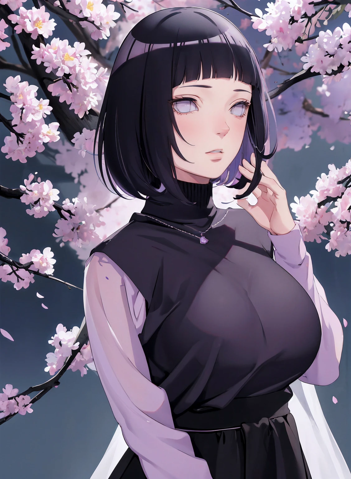 { - anatomy error} (Masterpiece - Ultra-detailed, very high resolution) (huge titusty, masterpiece, absurdres, hinata\(boruto\), 1girl, solo,mature female, lilac turtleneck blouse, black pant, looking at viewelling petals), perfect composition, detailed lips, big breast, beautiful face, body propotion, blush, (pink lips), short hair, (black hair), purple eyes, soft gaze, super realistic, detailed, photoshoot, realistic face and body, closed mouth , lilac eyes, upper body, hidden hands, perfect fingers, inocent face, portrait, , backwards, looking back, dynamic poses