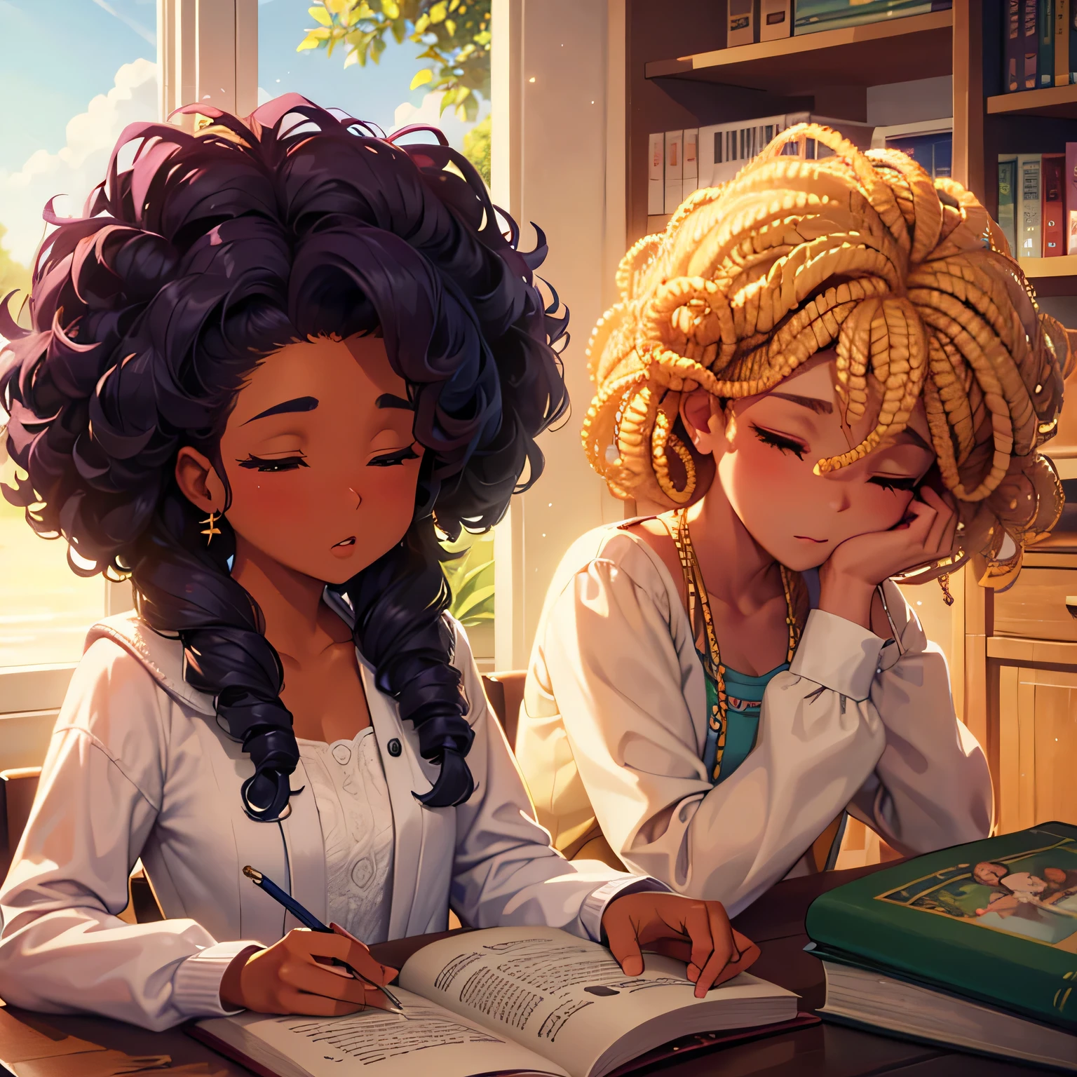 (obra maestra, Mejor calidad), 1 chica afroamericana, hermoso rostro ,pelo rizado, rizos rizados, durmiendo en la biblioteca