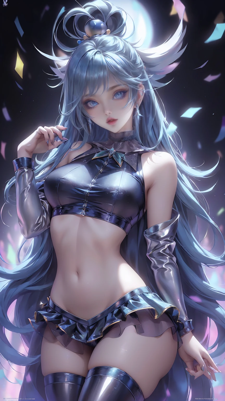 8K, Ultra High Definition, Super detailed, Shiny detailed hair, detailed face, fantasy landscape, solo, looking at viewer, {{best quality}}, {{masterpiece}}, {{ultra-detailed}}, {detailed light}, ultra high quality eyes, detailed eyes, perfect eyes, large eyes, detailed blue eyes, beautiful lips, blue hair, long hair, adorned hair, beautiful, skinny body, white skin, slutty, erotic, suggestive, {{nsfw}}