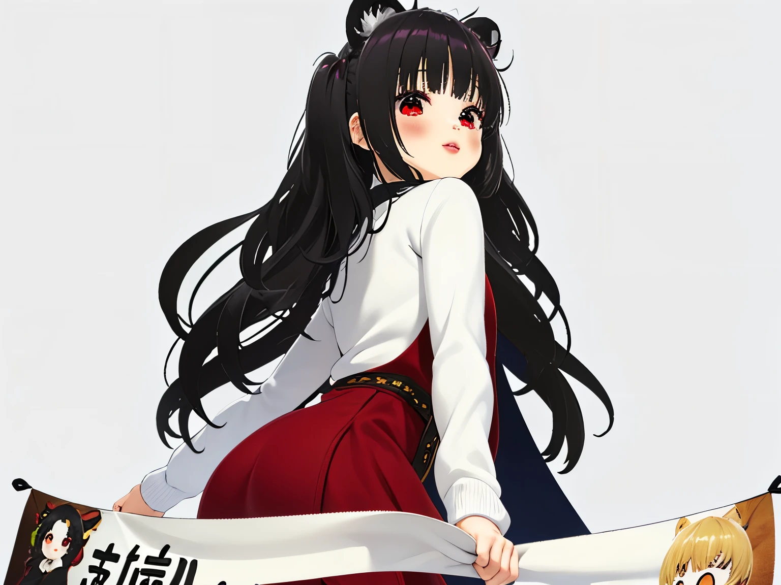 obra maestra,of the highest quality,high resolution ,1 chica,rapid eye movement, re cero, ,((long hair slightly wavy slightly past the shoulders, black bangs, small black pigtails on the sides, cute cat ears, beautiful thin red eyes)),,pechos grandes,piel blanca,((sweater, transparente)),((raya)),((sweaterのみ)),sonrisa, orejas de animales, Chemomimi, felicidad, hombros descubiertos,magnificent々nuevo,lindo, (((holding a white blanket (banner) stretched from side to side)))
