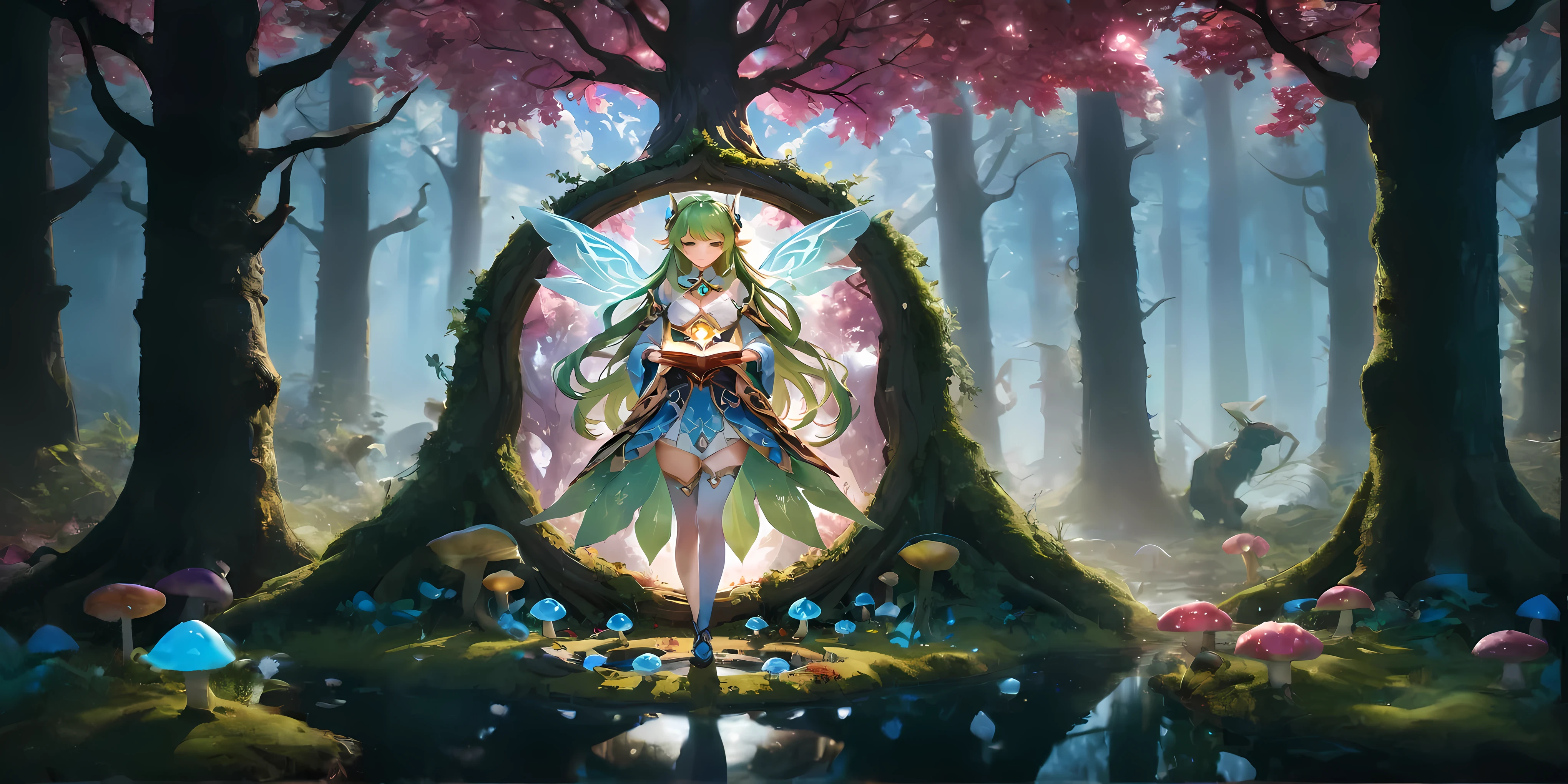 diy13,In a Genshin Impact inspired dreamworld, a character with transparent wings, standing quietly in a mysterious forest of light and shadow, holding a shimmering magic book, surrounded by bright fluorescence creatures, from goblins to glowing mushrooms, to hidden leaf sprites, imbued with ancient magic and a sense of old-world sorrow, curiously shaped trees as if sculpted by time and magic, a perfect blend of reality and fantasy, creating a mysterious yet enchanting scenery, detailed character design, detailed environment design, atmospheric mood, dramatic lighting, masterpiece quality, 4k.