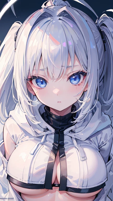 ((NSFW)) ((highest quality、High resolution、ultra detailed face, 8K、masterpiece:1.8))、dynamic angle、full body view 、wallpaper、1 girl、unparalleled beauty、ultimate beauty、super detailed face、delicate eyes、blue eyes, seductive smile、sexy look、shirtlift tease, looking at the camera、Depth of bounds written、light particles、side light、ponytail、silver hair、white hoodie、black panties, cute panties, cropped hoodie underboob, Exposed underboob, huge breasts, white stockings, Sneakers、slim、slender、Street park ,