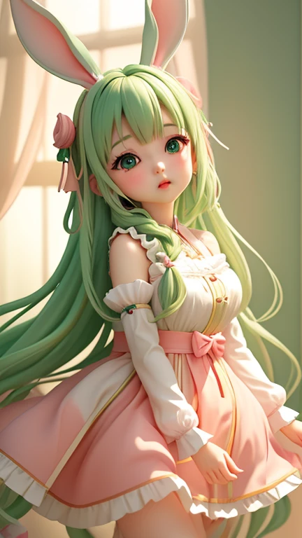 (Highly detailed CG Unity 8k wallpaper、​Masterpiece、top quality、Super detailed)、(best lighting、best shade、extremely delicate and beautiful)、floating、indoor background
	
[Rabbit drooping ears、Braided tail hair(pink there)、plump lips、dark green clothes、Play with toys、、tearful eyes、green eyes，Drooping corners of the eyes、kiss lips、comprehensive)::0.8]