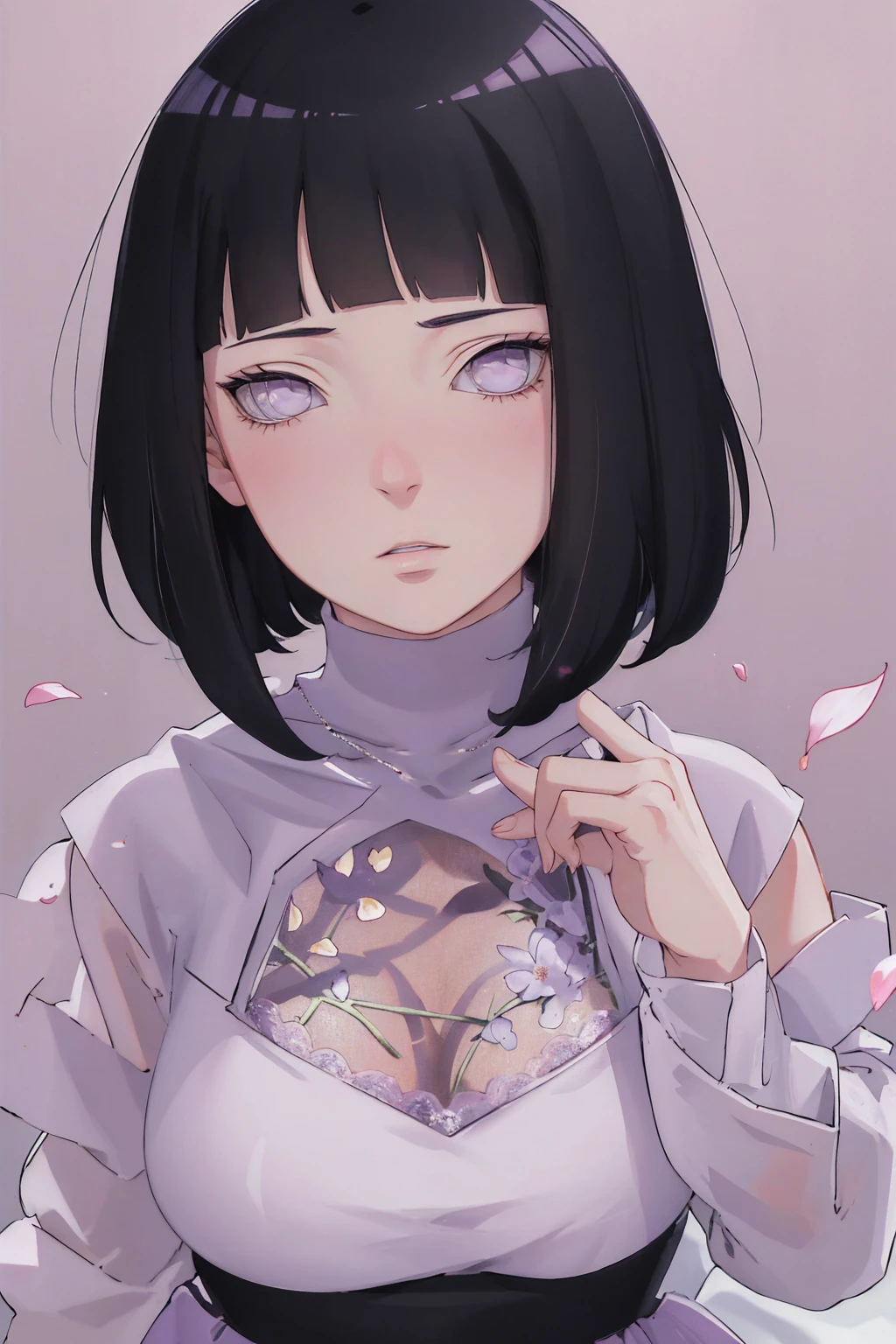 { - anatomy error} (Masterpiece - Ultra-detailed, very high resolution) (huge titusty, masterpiece, absurdres, hinata\(boruto\), 1girl, solo,mature female, off-shoulder bra, high waist black short skirt, looking at viewelling petals), perfect composition, detailed lips, big breast, beautiful face, body propotion, blush, (pink lips), short hair, (black hair), purple eyes, soft gaze, super realistic, detailed, photoshoot, realistic face and body, closed mouth, sitting on the bed , lilac eyes, full body, lace clothes, with chin resting on shoulder, perfect fingers