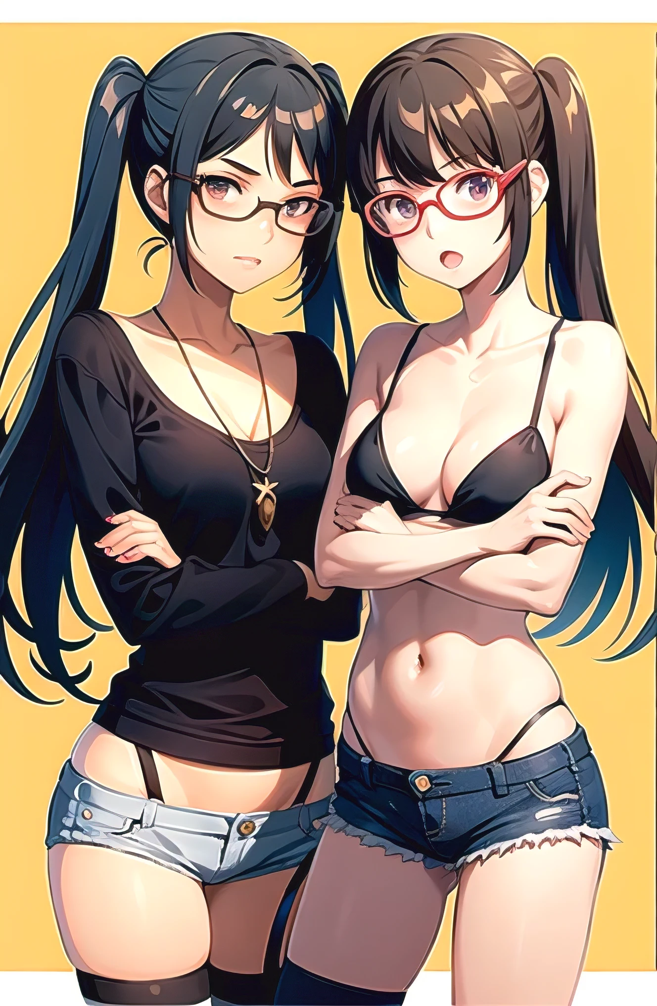 the two women are next to each other and holding a knife and a sword, striped, shorts, tan, glasses, jewelry, thighhighs, black hair, navel, necklace, multiple girls, tanlines, crossed arms, denim, short shorts, 2girls, open mouth, midriff, twintails, looking at viewer