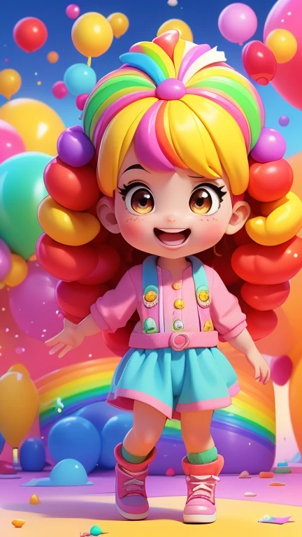 (Children's personality:1.2), (Colorful personality:1.3), Meet Lily, Cheerful、A vibrant personality and unique style - her hair sparkles in all the colors of the rainbow. Her warm brown eyes exude curiosity and friendliness, Making her a truly lovable character and charming looking.