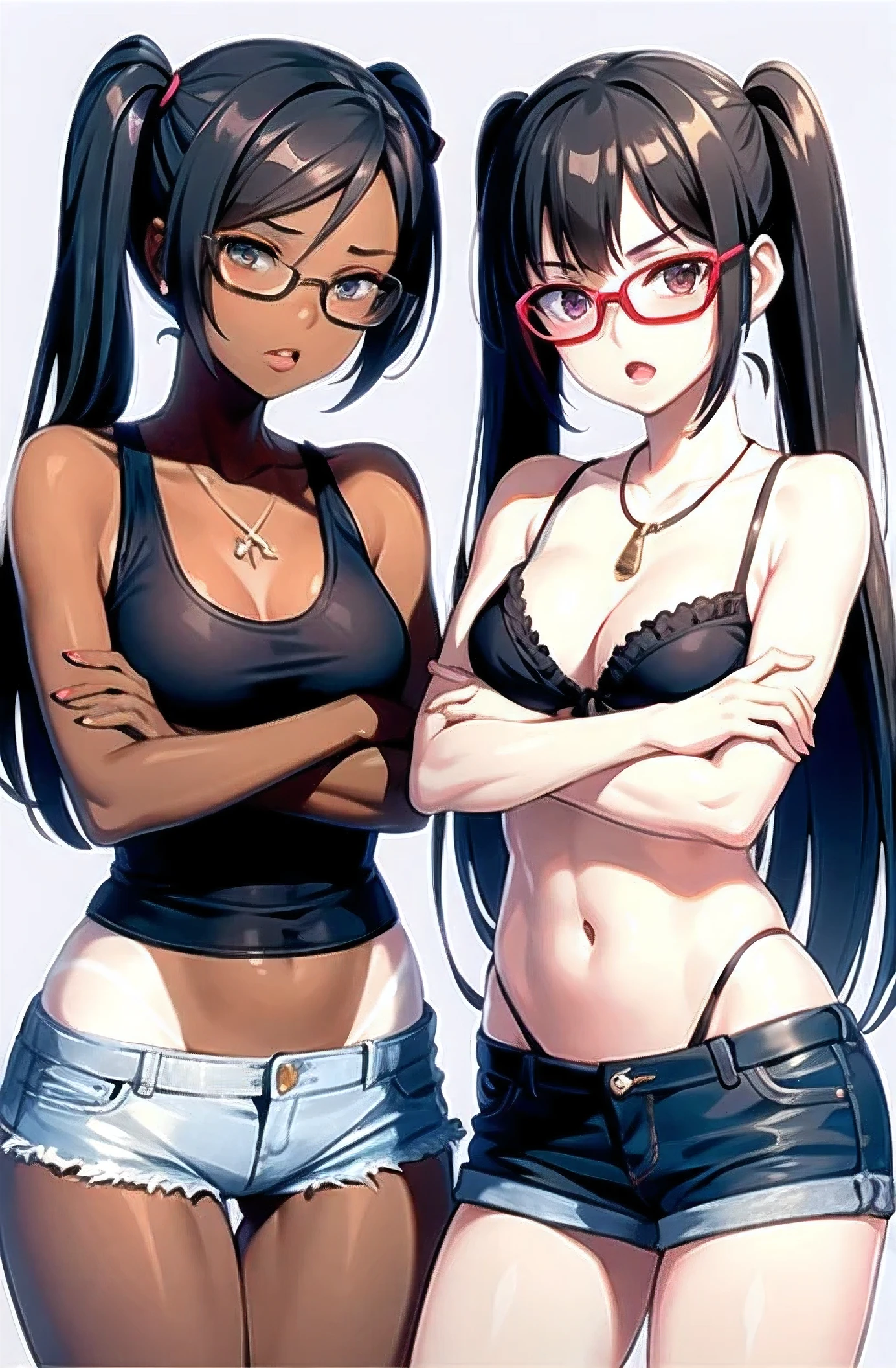 the two women are next to each other and holding a knife and a sword, striped, shorts, tan, glasses, jewelry, thighhighs, black hair, navel, necklace, multiple girls, tanlines, crossed arms, denim, short shorts, 2girls, open mouth, midriff, twintails, looking at viewer