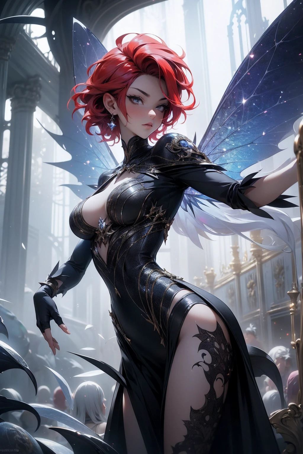(Absurd, high quality, ultra -compared, careful with the hand) fairy, fairy wings, dreamer body, vivid, romantic and all. Optimistic face, just lies, without entry and intellectual. Reckless style, cold heart, impatient and too confident. Gray eyes, ripe and dark (eyes of the eyes), enchanted fairy (pixie) . Short hair, red hair. In the carnival row illustration, flying. Whole body, dancing laghtly