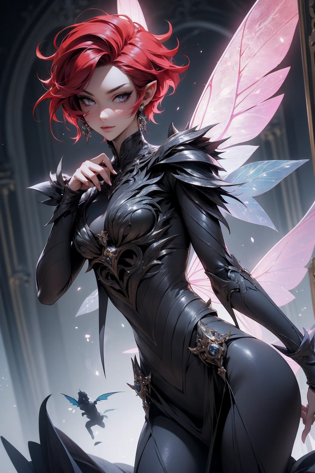 (Absurd, high quality, ultra -compared, careful with the hand) fairy, fairy wings, dreamer body, vivid, romantic and all. Optimistic face, just lies, without entry and intellectual. Reckless style, cold heart, impatient and too confident. Gray eyes, ripe and dark (eyes of the eyes), enchanted fairy (pixie) . Short hair, red hair. In the carnival row illustration, flying. Whole body, dancing laghtly