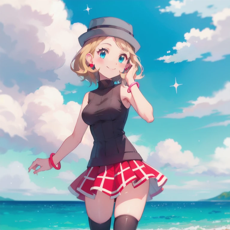 gonzarez, masterpiece, Serenaj, 1girl, grey headwear, solo, jewelry, thighhighs, sleeveless turtleneck, turtleneck, skirt, smile, sweater vest, blonde hair, earrings, hat, blue eyes, sleeveless, closed mouth, eyelashes, vest, blush, bangs, breasts, medium hair, bracelet, looking at viewer, outdoors, black thighhighs, brown thighhighs, sky, day, sparkle, shiny, cloud, pleated skirt, red skirt, brown vest, water, cowboy shot,  