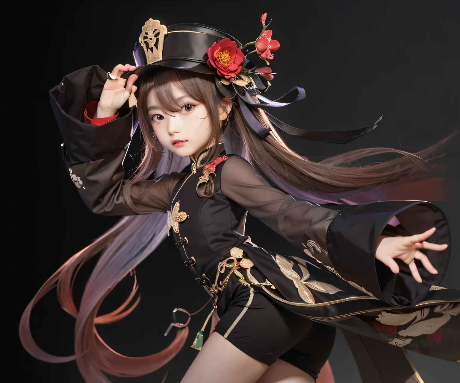 a girl with brown long flowey hair, wearing a dark brown chinese outfit with golden details, wearing a hat with red flowers