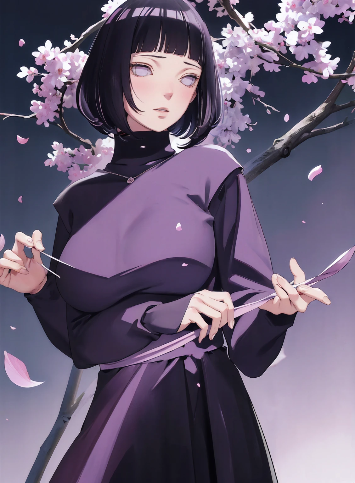 { - anatomy error} (Masterpiece - Ultra-detailed, very high resolution) (huge titusty, masterpiece, absurdres, hinata\(boruto\), 1girl, solo,mature female, lilac turtleneck blouse, black pant, looking at viewelling petals), perfect composition, detailed lips, big breast, beautiful face, body propotion, blush, (pink lips), short hair, (black hair), purple eyes, soft gaze, super realistic, detailed, photoshoot, realistic face and body, closed mouth , lilac eyes, upper body, hidden hands, perfect fingers, inocent face, portrait, , backwards, looking back, dynamic poses